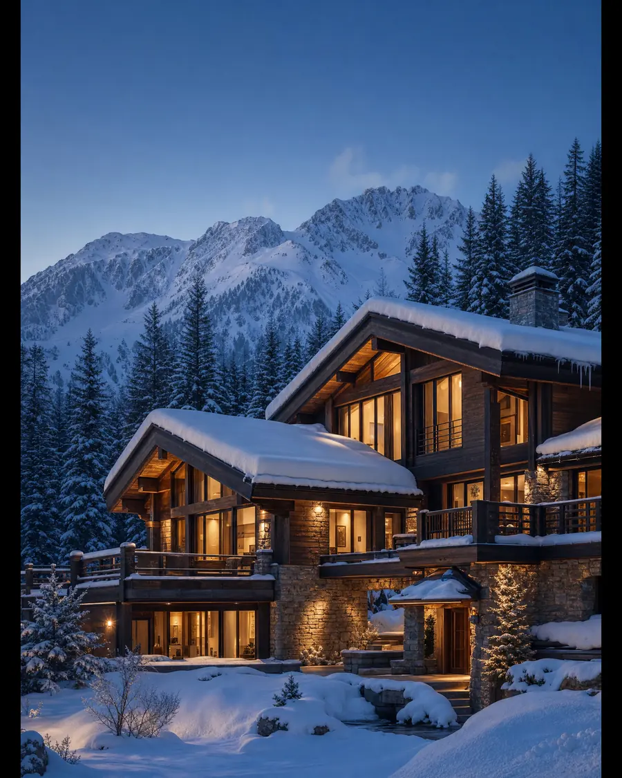 Chalet alpin contemporain en bois et pierre à l'heure bleue